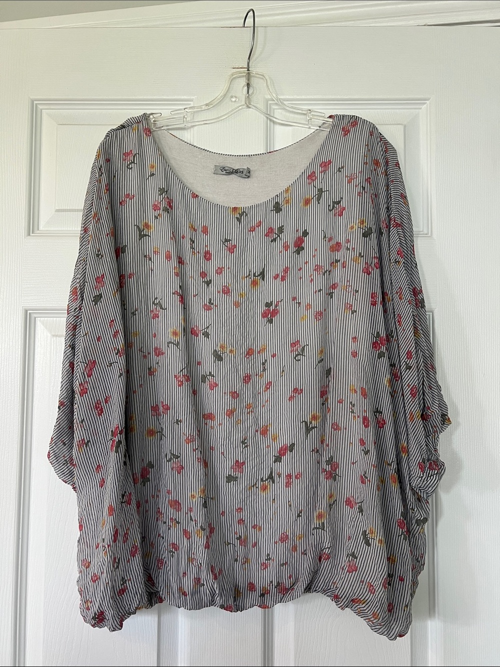 100% silk plus lining Striped Floral Dolman Sleeve Blouse in White and Pink
